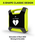 AED trainer device with neon-yellow plastic housing and black display, front view