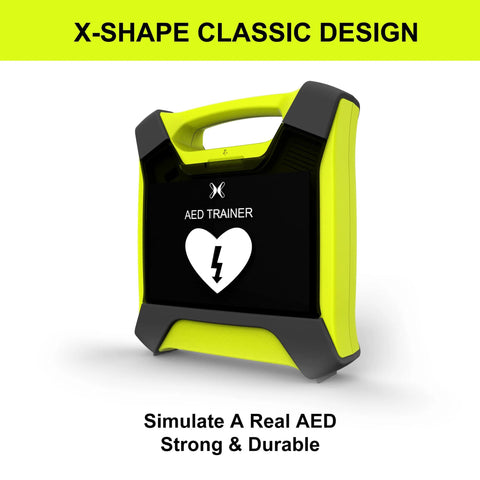 AED trainer device with neon-yellow plastic housing and black display, front view