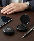Straight Up Slick Mini Finger Print Ink Pads Set Of Two Quick Drying Black Stamp Supplies Featuring Smooth Absorbent Foam for rapid thumb printing on a desk.