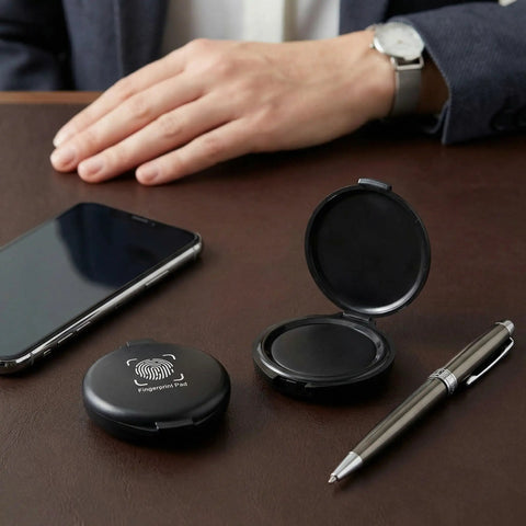 Straight Up Slick Mini Finger Print Ink Pads Set Of Two Quick Drying Black Stamp Supplies Featuring Smooth Absorbent Foam for rapid thumb printing on a desk.