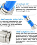 Image showing 304 Stainless Steel Push To Connect Elbow Fitting with blue tubing, highlighting rotation, pressure capacity, and material quality for pneumatic systems.
