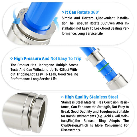 Image showing 304 Stainless Steel Push To Connect Elbow Fitting with blue tubing, highlighting rotation, pressure capacity, and material quality for pneumatic systems.