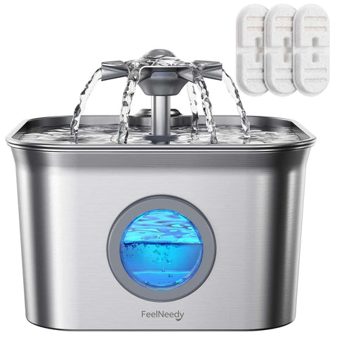 Quiet Stainless Steel Cat Water Fountain 2.8L With 20dB Ultra Quiet Pump, LED Water Level Window, and 3 Replacement Filters