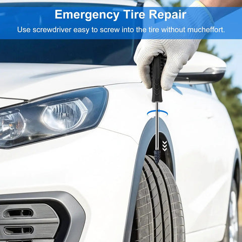 Tire Plug Kit With Screwdriver For Quick Ten Second Puncture Repair On Tubeless Tires Fits Cars Motorcycles SUVs ATVs Trucks No Tire Removal Needed For Roadside Emergencies shown in use