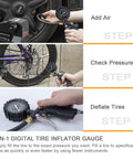 AstroAI 3-in-1 tire inflator gauge with 2.5-inch dial and air chuck; inflates car, checks bike pressure, close-up dial.
