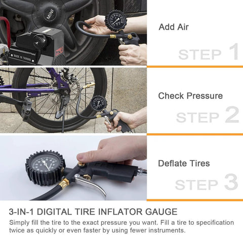 AstroAI 3-in-1 tire inflator gauge with 2.5-inch dial and air chuck; inflates car, checks bike pressure, close-up dial.