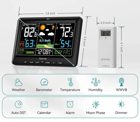Wireless Indoor Outdoor Weather Station With Digital Atomic Clock, 9.1 Inch Color Display, Indoor Outdoor Temperature And Humidity shown
