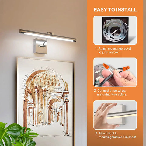 LED Picture Light With Swing Arm, 16.5 Inch Hardwired Dimmable Artwork Display Lamp installed above painting