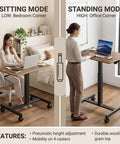 Rock Solid Mobile Standing Desk With Smooth Rollers And Quick Rise Adjustments For Effortless Sit Stand Transitions In Your Home Office Or Man Cave Featuring Classic Rustic Timber Top And Versatile Computer Workstation in sitting and standing modes.