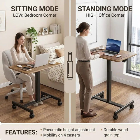 Rock Solid Mobile Standing Desk With Smooth Rollers And Quick Rise Adjustments For Effortless Sit Stand Transitions In Your Home Office Or Man Cave Featuring Classic Rustic Timber Top And Versatile Computer Workstation in sitting and standing modes.