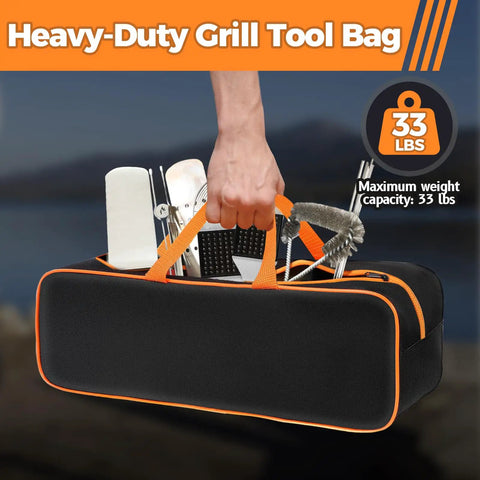 Person holding a Large Capacity Grill Utensil Storage Bag For Outdoor Grilling Holds Long Utensils Up To 23 Inches with tools inside.