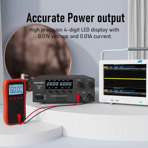 Variable DC Bench Power Supply 0-60V 0-20A 1200W With Encoder Knob Output On Off Switch 4 Digit LED Display OVP And OCP Protection Aux Output Terminal Switching Regulated For Lab Geeks And DIY Tinkerers showing accurate power output.