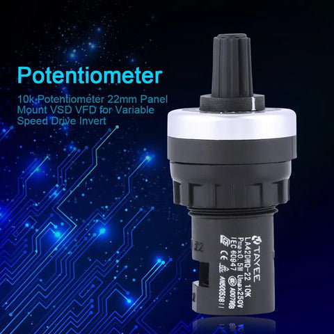Panel Mount 10K Potentiometer For Variable Speed Drives VSD VFD Inverter Control Rotary Knob, Easy Screw Terminal Install, No Soldering Needed, Exponential D Type Adjustment For Precise Speed Tuning 22mm black plastic