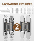 Hidden Door Hinges Set Two Pack Six Inch Three Way Adjustable Invisible Hinges With 180 Degree Swing Heavy Duty Concealed Hinges Load Bearing Up To 88 Lbs Silver Finish For Hidden Doors And Feature Walls packaging box
