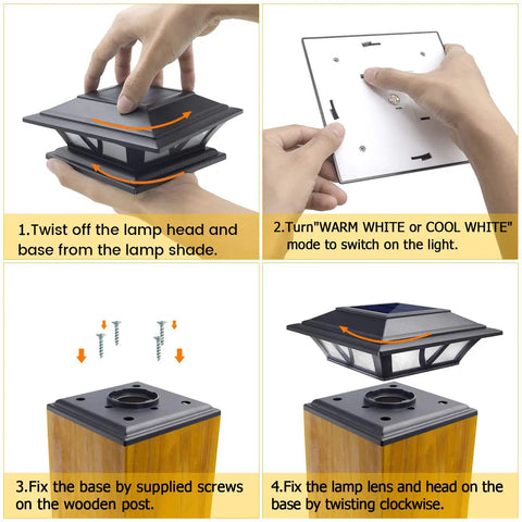 Upgrade Your Lawn With These Dang Bright Solar Post Cap Lights showing installation steps with lamp and base connection in heavy duty black coating.