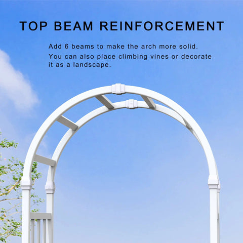 Top view of Weatherproof Vinyl Garden Arbor Arch 41W By 86H White Easy Assembly With Ground Anchors, outlined against the sky.