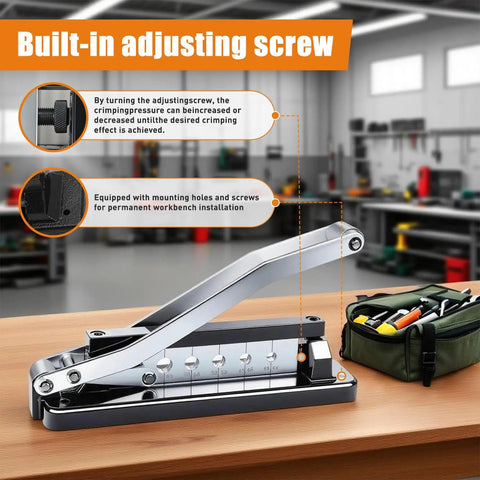Beefed-Up Bench Hose Crimper Kit With Five Dies And 100 Ferrules for 1/4, 5/16, 3/8 inch hoses, pro grade mounted on workbench.