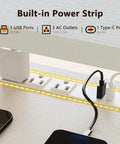 Built-in power strip with USB and Type-C ports on Electric L-Shaped Standing Desk With Monitor Stand And Built In Power Outlets 59 Inch Height Adjustable Sit Stand Desk For Home Office A Real Workhorse Lift Table For Workstation White