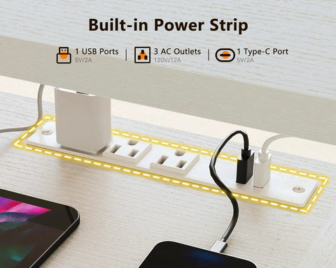 Built-in power strip with USB and Type-C ports on Electric L-Shaped Standing Desk With Monitor Stand And Built In Power Outlets 59 Inch Height Adjustable Sit Stand Desk For Home Office A Real Workhorse Lift Table For Workstation White