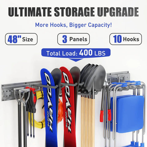 Heavy Duty 48 Inch Garage Tool Organizer Wall Mount With 10 Adjustable Hooks Holds Up To 400 Lbs, tools organized neatly