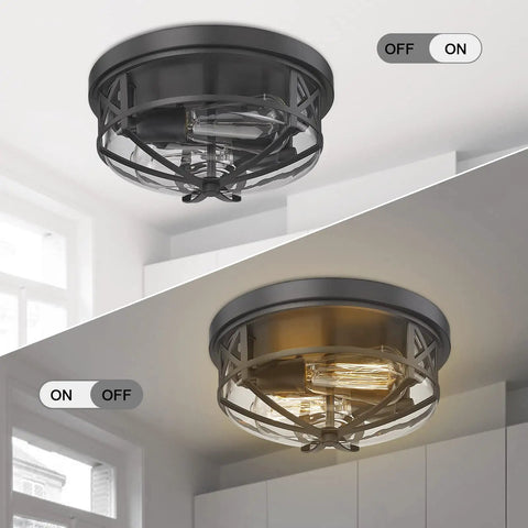 Dope Flush Mount Ceiling Light Fixtures For Indoor Outdoor Use With Glass Shade 2 Light E26 Aluminum Black Round Frame