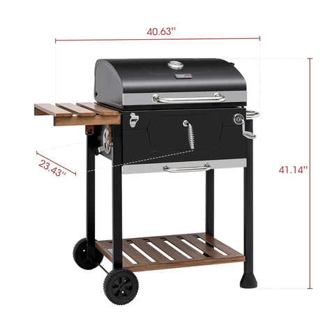 24 Inch Charcoal Grill With Folding Table And Handle Grilling Ready Backyard BBQ Smoker 490 Sq In Total Cooking Space Includes 384 Sq In Porcelain Enameled Grates And 106 Sq In Stainless Warming Rack Height Adjustable Charcoal Pan with dimensions shown