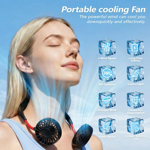 Woman using 2 Pack Neck Fan Portable Rechargeable Personal Cooling Wearable Around The Neck For Men And Women USB Battery Operated Outdoors