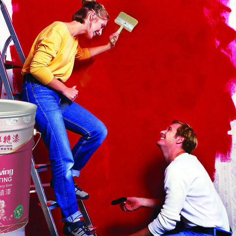 Couple painting wall red with Six Inch Deck Stain Brush With Wooden Handle For Wide Surface Staining On Decks Fences And Furniture