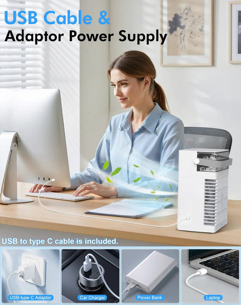 Woman using Portable Evaporative Mini AC With Remote, Four Speed Settings, colorful night light on desk, USB power