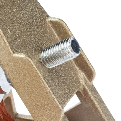 Close up of Heavy Duty Brass Welding Ground Clamp For Stick Mig Tigs And Cutting Tasks With Secure Locking Set Screws showing detailed locking screw.