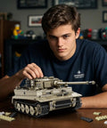 Person assembling Tiger I Tank Building Block Set For Adults And Collectors, World of Tanks Licensed German WWII Tank Model