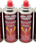 Four butane fuel cans included with 15,000 BTU Dual Fuel Portable Camp Stove with Carry Case for Propane or Butane Piezo Ignition.