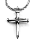 3 Nail Cross Pendant On Stainless Steel Twisted Rope Chain Antique Silver Pewter Finish Lead Free 24 Inch Necklace With Lobster Claw Clasp