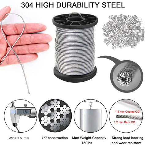 Heavy Duty Stainless Steel Picture Hanging Wire 1.5mm Diameter 100 Feet Long Includes 40 Aluminum Crimping Sleeves