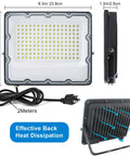 150W LED Flood Light Plug In Outdoor Security Fixture 6500K 15000LM IP66 Waterproof side view, aluminum housing, dimensions shown.