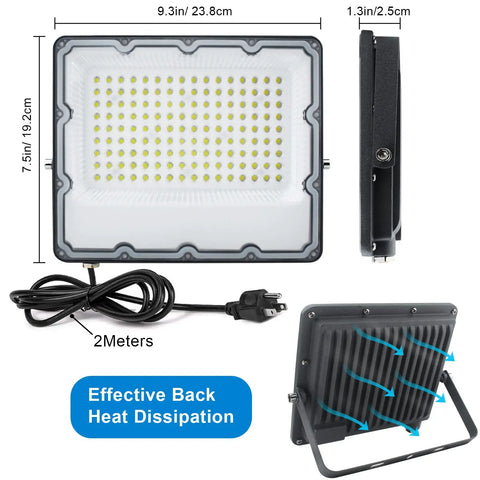 150W LED Flood Light Plug In Outdoor Security Fixture 6500K 15000LM IP66 Waterproof side view, aluminum housing, dimensions shown.