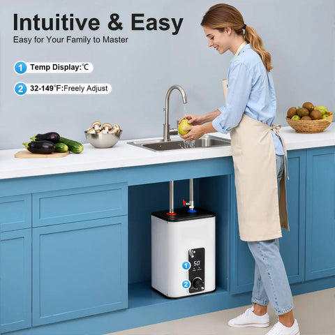 Ditch The Cold Water Wait Under Sink Electric Mini Tank Water Heater 8 Liters 1500 Watt Compact Stainless Steel Core Built For Fast Kitchen And Everyday Cleaning in kitchen, woman washing apple.
