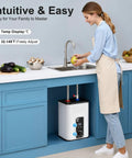 Compact Electric Mini Tank Water Heater Delivers Instant Hot On Demand Flow under a kitchen sink with a woman washing apples.