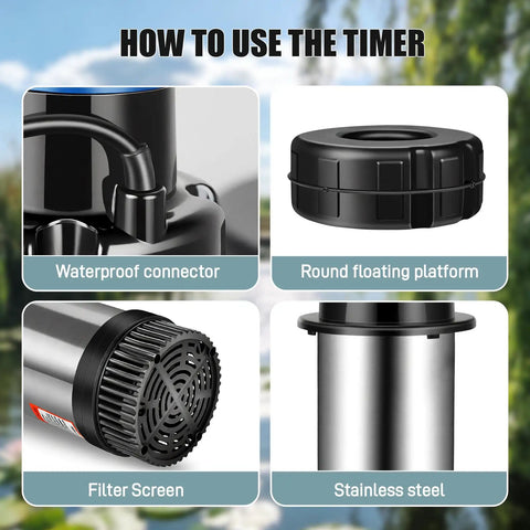 Beefed-Up 15000 GPH Pond Fountain Aerator With Timer components including waterproof connector, floating platform, filter screen, and stainless steel