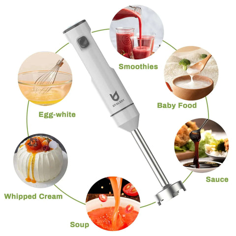 Total Game Changer Cordless Hand Blender With Integrated Whisk For Crushing Smoothies Blending Creamy Soups And Mixing Smooth Milkshakes, featuring a sleek white design and blending various foods.