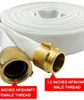 Heavy Duty Lay Flat Fire Hose 1.5 Inch By 100 Feet White Backwash And Discharge Hose With Brass NPSH NPT Connectors, coiled