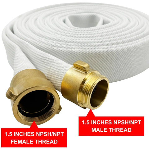 Heavy Duty Lay Flat Fire Hose 1.5 Inch By 100 Feet White Backwash And Discharge Hose With Brass NPSH NPT Connectors, coiled