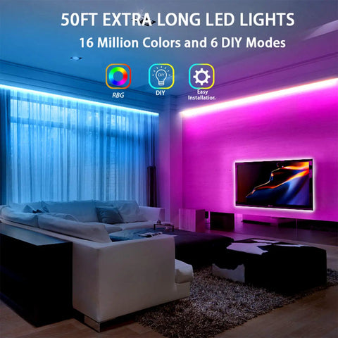 LED Lights For Bedroom 50 Feet RGB Color Changing Strip Kit With 44 Keys Remote Controller creating a colorful living room ambience