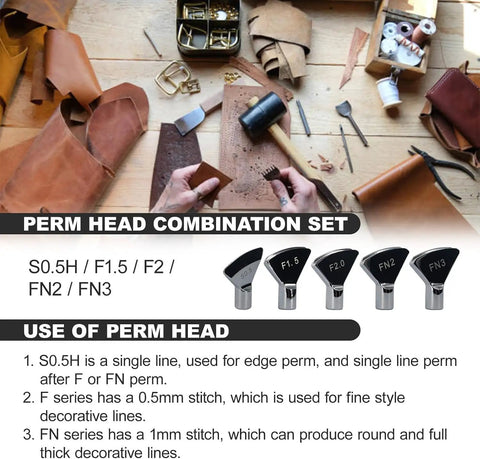 XIVUIFOI Electric Leather Edge Creaser With Heat Press Tool showing perm head combination set on workspace with leather.