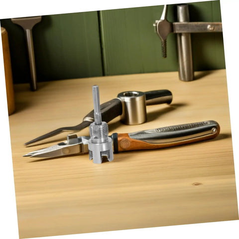 Essential 2Pc Internal And External Pipe Threader Tool Kit For Pvc Plastic Pipes on wooden table with pliers and tools.