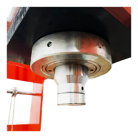Close-up of Heavy Duty Industrial Hydraulic Shop Press Delivering 100 Ton Pressing Force, showcasing hydraulic cylinder and connector.