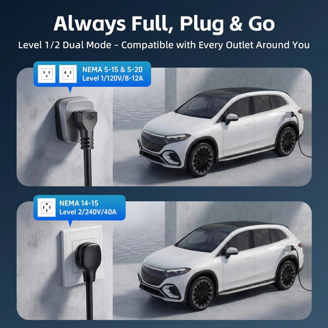 Ready To Charge Any J1772 EV With This Top Shelf Portable Level 2 Charger 40 Amp 25 Ft Cable Nema 14-50 And Nema 5-15 Adapter Complete Wall Mount Kit For Quick Plug And Play No Sweat Setup with dual mode charging display.