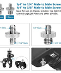 Camera Tripod Adapter Stash Includes 26 Piece Threading Screws One Quarter To Three Eighth Hot Shoe Converter Quick Release Brass Hardware Rig Ready No Sweat Game Changing. Close-up of 1/4" to 1/4" male screws.