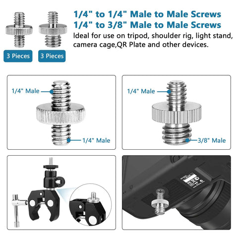 Camera Tripod Adapter Stash Includes 26 Piece Threading Screws One Quarter To Three Eighth Hot Shoe Converter Quick Release Brass Hardware Rig Ready No Sweat Game Changing. Close-up of 1/4" to 1/4" male screws.