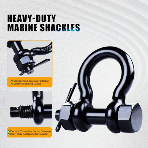 Badass 5/16 Inch Black Bow Shackles Featuring A Rock Solid 3/8 Pin And Wide 1/2 Jaw Heavy Duty Marine Grade 316 Stainless Steel Anchor Rigging Hardware With Cotter Pins 2 Pack showing details of bolt and pin design.